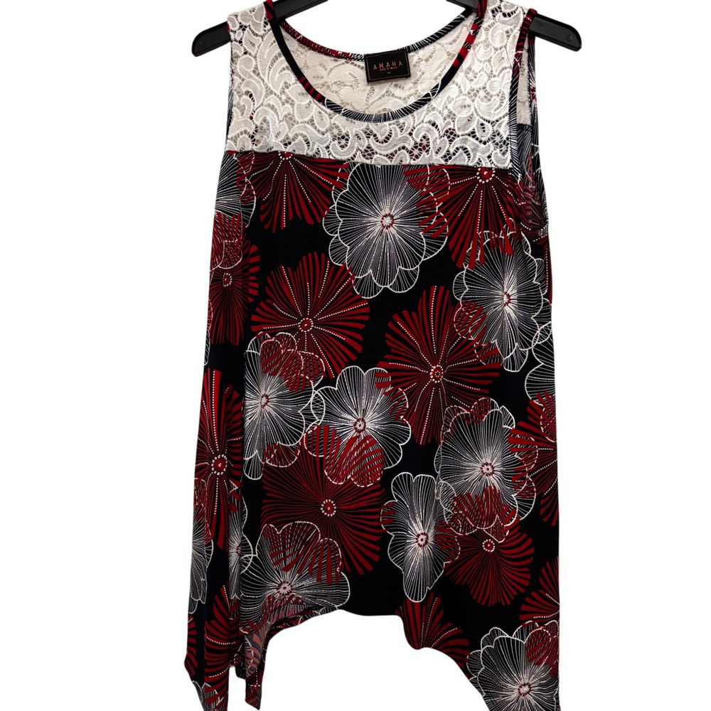 Amana Women's Sleeveless Top 1X Red Black White Floral White Lace Yoke Plus